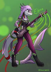  anthro azural_cobaltros boots breasts cleavage clothed clothing ear_piercing ear_ring elena_(disambiguation) female fin fish footwear guitar hi_res legwear marine musical_instrument non-mammal_breasts piercing plucked_string_instrument ring_piercing rock_(genre) shark smile solo string_instrument tights 