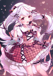  animal_ears blush commentary dog_ears dog_girl dog_tail female guild_cq highres holding holding_microphone kurenagi_eri mata microphone midriff multicolored_hair plaid plaid_skirt puffy_short_sleeves puffy_sleeves red_eyes red_hair red_skirt sample_watermark short_sleeves skirt solo streaked_hair swept_bangs symbol-only_commentary tail twintails virtual_youtuber watermark white_hair white_headwear 