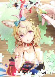  ahoge animal_ear_fluff animal_ears arm_strap bare_shoulders black_gloves black_hair blonde_hair blue_bow blue_skirt bow bowtie breasts buttons cleavage collarbone commentary double-parted_bangs elbow_gloves facial_mark female fox_ears fox_girl gloves hair_between_eyes hair_ornament hairbow halter_shirt halterneck hand_on_own_cheek hand_on_own_face hand_up hat heart heart-shaped_pupils highres holding hololive index_finger_raised jester_cap jigsaw_puzzle looking_at_viewer medium_breasts medium_hair multicolored_hair multicolored_nails omaru_polka omaru_polka_(1st_costume) open_mouth pink_hair purple_eyes puzzle puzzle_piece red_bow red_bowtie shirt single_elbow_glove single_glove skirt sleeveless sleeveless_shirt streaked_hair striped_clothes striped_skirt symbol-shaped_pupils table tilted_headwear traditional_bowtie vertical-striped_clothes vertical-striped_skirt virtual_youtuber wrist_cuffs x_hair_ornament yami_ara 