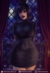  antenna_hair arms_behind_back black_hair black_lips black_sweater blue_eyes breasts commentary covered_navel curly_hair curtains english_commentary female full_moon gumroad_logo gumroad_username hair_between_eyes highres hotel_transylvania lips lipstick looking_at_viewer luminyu makeup mavis_dracula medium_breasts moon night paid_reward_available parted_lips patreon_logo patreon_username short_hair signature solo standing sweater tassel taut_sweater twitter_logo twitter_username web_address window 