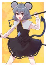  :d animal_ears black_dress border commentary crystal dowsing_rod dress feet_out_of_frame female grey_hair hair_between_eyes highres holding long_sleeves looking_at_viewer mouse_ears mouse_girl mouse_tail nayuhi_(yukimuu14) nazrin red_eyes shirt sleeveless sleeveless_dress smile solo standing tail teeth touhou upper_teeth_only white_border white_shirt 