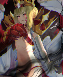  ahoge aona_(anagasaki) bikini blonde_hair braid breasts criss-cross_halter crown dragon_claw dragon_tail elbow_gloves facial_mark fate/grand_order fate_(series) female french_braid gloves gold_crown hair_bun hair_intakes hair_ribbon halterneck highres long_hair looking_at_viewer navel nero_claudius_(fate) open_clothes open_mouth pointed_crown queen_draco_(fate) queen_draco_(second_ascension)_(fate) red_bikini red_eyes red_ribbon ribbon robe scales small_breasts smile solo swimsuit tail thighs white_gloves white_robe 