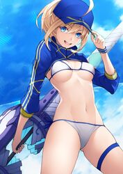  ahoge artoria_pendragon_(fate) ass_visible_through_thighs bangs banned_artist baseball_cap bikini blonde_hair blue_eyes blue_headwear blue_jacket blue_skirt blue_sky bracelet breasts cropped_jacket day duplicate fate/grand_order fate_(series) female hair_between_eyes hat head_tilt holding holding_clothes holding_hat holding_weapon jacket jewelry kyoeiki long_hair looking_at_viewer medium_breasts mysterious_heroine_xx_(fate) navel open_mouth ponytail side-tie_bikini sidelocks skirt sky smile solo stomach string_bikini swimsuit thigh_strap weapon white_bikini 