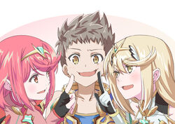  1boy 2girls bare_legs bare_shoulders blonde_hair blush breasts chest_jewel cleavage_cutout clothing_cutout dress earrings fingerless_gloves forced_smile gem gloves hair_ornament headpiece highres jewelry kageyasu large_breasts long_hair multiple_girls mythra_(xenoblade) pyra_(xenoblade) red_eyes red_hair rex_(xenoblade) short_dress short_hair simple_background smile super_smash_bros. swept_bangs tiara very_long_hair white_dress white_gloves xenoblade_chronicles_(series) xenoblade_chronicles_2 yellow_eyes 