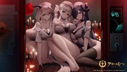  3girls aegir_(azur_lane) an_yasuri august_von_parseval_(azur_lane) azur_lane balloon bandaged_neck bandages banned_artist barefoot black_bra black_hair black_legwear blood blood_stain blue_eyes bra breasts breasts_apart brown_eyes candle cleavage collarbone commentary_request copyright_name dress elevator_door formidable_(azur_lane) grey_hair halloween_costume hat highres horns jack-o&#039;-lantern large_breasts long_hair looking_at_viewer manjuu_(azur_lane) multicolored_hair multiple_girls nurse nurse_cap off_shoulder official_art red_eyes red_hair short_dress single_bare_shoulder sitting streaked_hair thighhighs twintails underwear very_long_hair white_headwear 