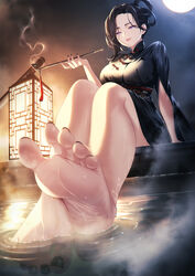  bare_legs barefoot black_dress black_hair black_nails blueorca breasts dress feet female foot_focus foot_up foreshortening hair_rings half_updo highres holding holding_smoking_pipe kiseru lantern large_breasts legs long_hair looking_at_viewer mole mole_under_mouth moon moonlight nail_polish night original parted_lips presenting_foot purple_eyes smile smoke smoking_pipe soaking_feet soles solo steam toenail_polish toenails toes water wet 