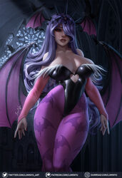  animal_print arms_at_sides bare_shoulders bat_(animal) bat_print bat_wings breasts bridal_gauntlets camilla_(fire_emblem) cat_print clothing_cutout collarbone commentary cosplay curly_hair elbow_gloves english_commentary female fire_emblem fire_emblem_fates gloves gumroad_logo gumroad_username hair_ornament hair_over_one_eye head_wings heart_cutout highleg highleg_leotard highres indoors large_breasts legs_together leotard lips long_hair looking_at_viewer luminyu mole mole_on_breast morrigan_aensland morrigan_aensland_(cosplay) nail_polish panties pantyhose parted_lips patreon_logo patreon_username print_pantyhose purple_gloves purple_hair purple_leotard purple_panties purple_wings red_eyes red_nails solo standing strapless strapless_leotard thigh_gap thighhighs thighs tiara twitter_logo twitter_username underwear vampire_(game) web_address wings 