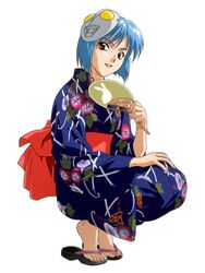  1990s_(style) barefoot barefoot_sandals_(jewelry) belt blue_hair blue_kimono female geta hand_fan highres japanese_clothes kimono kneeling koizumi_hitomi lipstick makeup mask obi red_belt red_eyes retro_artstyle sash ultra_series ultraman ultraman_(1st_series) yamada_masaki zenkoku_seifuku_bishoujo_grand_prix 