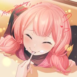  ^_^ absurdres bang_dream! blush breast_rest breasts breasts_on_table cafe closed_eyes closed_mouth dated eating english_text female food food_on_face happy_birthday highres holding holding_spoon indoors low_twintails medium_hair nobusawa_osamu pink_hair pov short_twintails sitting smile solo_focus spoon twintails uehara_himari upper_body utensil_in_mouth 