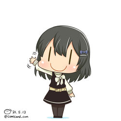  artist_logo belt black_dress black_hair black_pantyhose blue_bow blush bow bowtie chibi closed_mouth commentary dated dated_commentary dress female hair_ornament hairbow hairclip kantai_collection long_hair long_sleeves mitsukoshi_(department_store) official_alternate_costume one-hour_drawing_challenge oyashio_(kancolle) pantyhose shadow shiromaru_(maniado) shirt simple_background sleeveless sleeveless_dress smile solo twitter_username waving white_background white_bow white_bowtie white_shirt |_| 