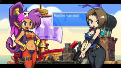  16:9 2022 blue_eyes bottomwear breasts brown_hair capcom cleavage clothed clothing cloud crossover day dialogue digital_media_(artwork) duo ear_piercing ear_ring english_text fake_screencap female genie gun hair handgun holding_gun holding_object holding_ranged_weapon holding_weapon human humanoid humanoid_pointy_ears jill_valentine light_body light_skin long_hair looking_at_viewer mammal navel niyuyu not_furry on_model open_mouth open_smile pants piercing ponytail purple_hair ranged_weapon resident_evil ring_piercing shantae shantae_(series) ship shirt smile tan_body tan_skin text text_box topwear vehicle vest watercraft wayforward weapon widescreen 