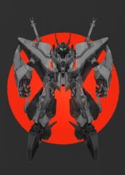  commentary_request full_body glowing glowing_eyes green_eyes grey_background greyscale gundam gundam_hathaway&#039;s_flash highres looking_at_viewer madarame mecha mobile_suit monochrome no_humans red_background robot science_fiction solo spot_color two-tone_background v-fin xi_gundam 