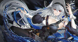  absurdres arknights arm_up armpits black_dress black_headwear black_nails black_pantyhose breasts cleavage covered_navel detached_sleeves dress female genera-x grey_hair hair_between_eyes highres holding large_breasts light_particles long_hair long_sleeves looking_at_viewer nail_polish pantyhose parted_lips pelvic_curtain puffy_long_sleeves puffy_sleeves red_eyes shoulder_strap smile solo specter_(arknights) specter_the_unchained_(arknights) thigh_strap very_long_hair water 