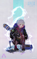  alternate_costume animification apex_legends assault_rifle bad_id bad_twitter_id black_footwear black_jacket blue_eyes boots chains ear_piercing electricity female gradient_hair grey_hair gun hair_behind_ear highres holding holding_gun holding_weapon hood hooded_jacket jacket multicolored_hair open_mouth passimo piercing pink_hair rifle scar scar_on_cheek scar_on_face shell_casing short_hair smile solo squatting vk-47_flatline wattson_(apex_legends) weapon 