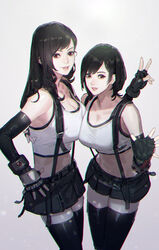  2girls alternate_hair_length alternate_hairstyle asymmetrical_docking bad_id bad_twitter_id black_hair black_skirt black_thighhighs breast_press breasts cleavage collarbone crop_top elbow_gloves final_fantasy final_fantasy_vii fingerless_gloves gloves highres large_breasts leaning_forward long_hair looking_at_viewer midriff multiple_girls open_hand parted_lips passimo red_eyes short_hair shorts skirt smile suspenders swept_bangs tank_top thighhighs tifa_lockhart time_paradox v white_tank_top zettai_ryouiki 