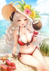  absurdres adelie_cat bangle bare_arms bare_shoulders beach bikini blue_archive bracelet breasts cleavage coconut curled_horns day drinking_straw female flower food front-tie_bikini_top front-tie_top fruit fruit_cup halo halterneck hand_up hat hat_flower highres holding horns izumi_(blue_archive) izumi_(swimsuit)_(blue_archive) jewelry large_breasts legs long_hair looking_at_viewer messy_hair mole mole_on_thigh nail_polish navel o-ring o-ring_bikini official_alternate_costume open_mouth outdoors red_bikini red_nails sandals scrunchie side-tie_bikini_bottom sitting skindentation smile solo starfish stomach strap_gap straw_hat string_bikini sun_hat swimsuit thighs unworn_sandals very_long_hair water watermelon wet white_hair wrist_scrunchie wristband yellow_eyes 