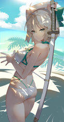  absurdres ahoge aqua_bow arm_up armpit_crease ass bare_arms bare_shoulders beach bikini blue_sky bow breasts clip_studio_paint_(medium) cloud commentary cowboy_shot day fate/grand_order fate_(series) female grey_eyes hair_between_eyes hairbow highres holding holding_sword holding_weapon katana looking_at_viewer medium_breasts multi-strapped_bikini okita_j._souji_(fate) okita_j._souji_(third_ascension)_(fate) okita_souji_(fate) outdoors scottie_(phantom2) short_hair sky solo standing swimsuit sword thighs weapon white_bikini white_hair 