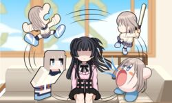  2girls annoyed baseball_bat batting_stance black_hair blonde_hair blouse blunt_bangs box_body cosplay couch game_&amp;_watch idolmaster idolmaster_shiny_colors indoors inhaling jirai_kei jumping kirby kirby_(cosplay) kirby_(series) long_hair mayuzumi_fuyuko minecraft miniskirt mother_(game) mother_2 mr._game_&amp;_watch mr._game_&amp;_watch_(cosplay) multiple_girls multiple_persona ness_(mother_2) ness_(mother_2)_(cosplay) parody plaid plaid_skirt rapana_p ribbon school_uniform serafuku serizawa_asahi shaded_face shirt shoes short_hair sitting skirt sneakers staring steve_(minecraft) steve_(minecraft)_(cosplay) super_smash_bros. suspender_skirt suspenders sweater two_side_up window 