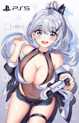  :d artist_name bare_shoulders black_bow black_jacket black_shorts blue_eyes bow breasts cleavage cleavage_cutout clothing_cutout commentary controller covered_navel female game_console game_controller gradient_background grey_background grey_hair hair_between_eyes hair_ornament hairbow hairclip high_ponytail highres holding jacket large_breasts long_hair long_sleeves looking_at_viewer off_shoulder open_clothes open_jacket open_mouth original personification photoshop_(medium) playstation_5 ponytail ps5_chan short_shorts shorts smile solo sony squchan teeth upper_teeth_only very_long_hair white_background 