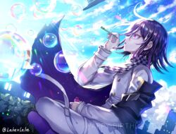  1boy air_bubble black_cape blue_sky bubble cape checkered_clothes checkered_scarf cloud commentary danganronpa_(series) danganronpa_v3:_killing_harmony day from_side hair_between_eyes happy_birthday holding jacket long_sleeves male_focus medium_hair oma_kokichi outdoors pants parted_lips plant purple_eyes purple_hair scarf sky solo straitjacket twitter_username white_jacket white_pants z-epto_(chat-noir86) 