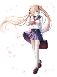  absurdres ahoge bad_id bad_pixiv_id bag black_ribbon blonde_hair blue_skirt brown_footwear cherry_blossoms chinese_commentary commentary female floating_hair hair_ribbon highres holding holding_bag loafers long_hair long_sleeves neckerchief original petals pleated_skirt red_neckerchief ribbon sailor_collar school_bag school_uniform serafuku shirt shoes simple_background skirt solo standing thighhighs twintails very_long_hair white_background white_shirt white_thighhighs yellow_eyes yuye 