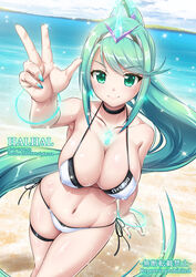  aqua_hair aqua_nails artist_name beach bikini black_choker bracelet breasts chest_jewel choker cleavage closed_mouth collarbone covered_nipples dutch_angle english_text female greek_text green_eyes hair_between_eyes halhal hand_up highres jewelry large_breasts long_hair looking_at_viewer name_tag navel ocean outdoors pixiv_id pneuma_(xenoblade) ponytail sky smile solo swept_bangs swimsuit twitter_username w water white_bikini xenoblade_chronicles_(series) xenoblade_chronicles_2 