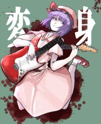  blood blood_splatter buttons closed_mouth collared_dress commentary_request cookie_(touhou) dress electric_guitar female frown full_body green_background guitar hat hat_ribbon highres hisaka_(cookie) holding holding_instrument instrument jumping looking_to_the_side mary_janes mob_cap music niconico_id pink_dress playing_instrument purple_eyes purple_hair red_footwear red_ribbon remilia_scarlet ribbon shimosuke shoes short_hair short_sleeves socks solo touhou white_socks 