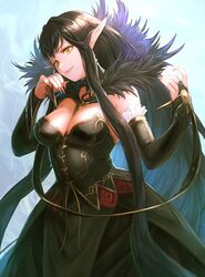  armlet bare_shoulders black_dress blush breasts bridal_gauntlets brown_hair cape cleavage detached_sleeves dress fate/apocrypha fate_(series) female fur-trimmed_cape fur_trim gold_trim highres large_breasts long_hair looking_at_viewer otsukemono pointy_ears revision ribbon semiramis_(fate) sidelocks slit_pupils smile solo spikes very_long_hair yellow_eyes 