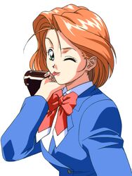  1980s_(style) arm_up blue_jacket bow bowtie briefcase female green_eyes highres jacket looking_at_viewer one_eye_closed red_bow red_bowtie red_hair retro_artstyle school_uniform shirt tongue tongue_out white_background white_shirt yamada_masaki yamanoue_yuri zenkoku_seifuku_bishoujo_grand_prix 