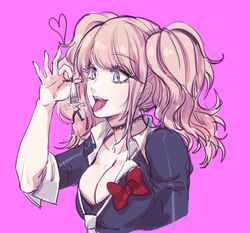  1boy black_nails black_shirt blue_eyes bra breasts choker cleavage collarbone commentary_request cropped_torso danganronpa:_trigger_happy_havoc danganronpa_(series) danganronpa_2:_goodbye_despair enoshima_junko fangs female gwanlamcha hand_up heart highres hinata_hajime holding imminent_vore korean_commentary large_breasts long_hair mini_person miniboy nail_polish navel necktie open_mouth pants pink_background shirt simple_background size_difference sleeves_rolled_up smile stomach tongue tongue_out twintails underwear upper_body wavy_hair 