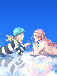  1boy bandana blue_background blue_hair chains ear_piercing earrings eye_contact female highres jewelry lip_piercing long_hair long_sleeves looking_at_another lying mouohnosatoshi nana_(series) okazaki_shin&#039;ichi on_stomach piercing pink_hair print_bandana purple_eyes reflection ring serizawa_reira shirt striped_clothes striped_shirt stud_earrings wavy_hair yellow_bandana 