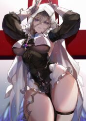  absurdres aponia_(honkai_impact) arms_up black_dress bondage bondage bound bound_wrists breasts brown_hair chained chains cleavage cross cuffs dress female habit highres honkai_(series) honkai_impact_3rd long_hair long_sleeves looking_at_viewer nun open_mouth purple_eyes restrained shackles solo thick_thighs thighs veil zomzomzomsauce 