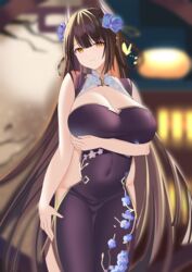  absurdres arm_under_breasts azur_lane blue_flower blurry blurry_background breasts brown_hair china_dress chinese_clothes cleavage cleavage_cutout clothing_cutout commentary commission curvy depth_of_field dress female floral_print flower hair_flower hair_ornament hiei_(azur_lane) hiei_(fragrant_red_plum)_(azur_lane) highres huge_breasts long_hair looking_at_viewer official_alternate_costume pixiv_commission plump purple_dress purple_flower side_slit sleeveless sleeveless_dress solo thick_thighs thighs tnr_(horiko1525) very_long_hair yellow_eyes 