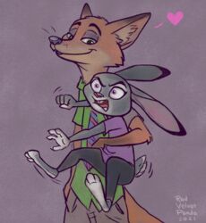  2021 anthro barefoot bottomwear buckteeth caliosidhe canid canine carrying_another cheek_tuft clothed clothing dipstick_ears disney duo ear_markings facial_tuft feet fox fully_clothed fur green_eyes grey_body grey_fur head_tuft heart_symbol hi_res judy_hopps lagomorph leporid mammal multicolored_ears necktie nick_wilde open_mouth orange_body orange_fur pants purple_background purple_eyes rabbit red_fox shirt signature simple_background teeth topwear true_fox tuft zootopia 