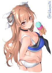  absurdres ass bikini blue_bikini blush breasts brown_eyes cleavage cropped_legs ebifurya enty_reward female food hair_between_eyes hair_ribbon highres holding holding_food ice_cream johnston_(kancolle) johnston_kai_(swimsuit_mode)_(kancolle) kantai_collection light_brown_hair long_hair looking_at_viewer looking_back medium_breasts paid_reward parted_lips ribbon simple_background solo swimsuit twitter_username two_side_up white_background white_bikini white_ribbon 