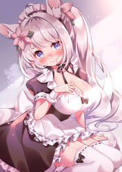  ahoge animal_ears apron black_dress blue_eyes blush breasts cleavage commentary commission dress female grey_hair hand_on_own_chest highres hikimayu large_breasts long_hair maid maid_headdress mata original side_ponytail sitting skeb_commission smile solo symbol-only_commentary thighhighs very_long_hair white_apron white_thighhighs 