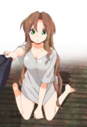  aerith_gainsborough bare_legs barefoot blue_shirt breasts cleavage collarbone female final_fantasy final_fantasy_vii green_eyes grey_shirt hair_down kneeling krudears long_hair medium_breasts parted_bangs parted_lips pulling shirt sidelocks t-shirt wavy_hair wide-eyed wooden_floor 