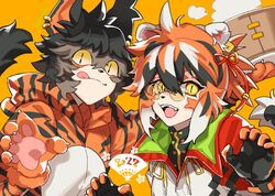  1boy 2022 aak_(arknights) alternate_costume animal_ears animal_hands animal_print arknights chinese_zodiac commentary_request ear_piercing female food furry furry_female furry_male glasses jacket nishi_juuji oerba_yun_fang orange-tinted_eyewear piercing slit_pupils smile tail tiger_boy tiger_ears tiger_print tiger_tail tinted_eyewear tongue tongue_out waai_fu_(arknights) year_of_the_tiger 