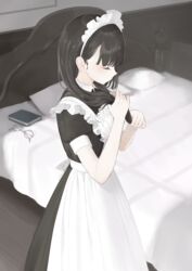  absurdres apron bad_id bad_pixiv_id bed black_dress black_hair book closed_eyes closed_mouth collared_dress commentary_request dress eyelashes feet_out_of_frame female frilled_apron frills from_above from_side glasses grey-framed_eyewear hair_behind_ear highres holding holding_own_hair indoors limited_palette long_hair maid maid_apron maid_headdress original pillow profile puffy_short_sleeves puffy_sleeves round_eyewear shii_(kairi-t-k0317) short_sleeves solo standing two-tone_dress unworn_eyewear white_apron white_dress 