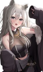  absurdres animal_ears breasts cleavage crop_top ear_piercing female fur-trimmed_jacket fur_trim grey_hair hair_between_eyes highres hololive jacket jacket_partially_removed jewelry large_breasts lion_ears lion_girl long_hair necklace open_mouth piercing see-through see-through_cleavage shirt shishiro_botan shishiro_botan_(1st_costume) sleeveless sleeveless_shirt solo virtual_youtuber yuteke_key zipper_skirt 