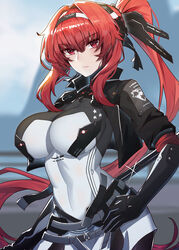  absurdres black_hairband bodysuit breasts chinese_commentary closed_mouth commentary female hair_between_eyes hairband highres impossible_bodysuit impossible_clothes kongbai_huanxiang large_breasts long_hair looking_at_viewer mechanical_arms ponytail punishing:_gray_raven red_eyes red_hair sidelocks solo vera:_garnet_(punishing:_gray_raven) vera_(punishing:_gray_raven) very_long_hair white_bodysuit 