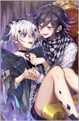  2boys :d black_hair black_jacket blue_eyes chains chair checkered_clothes checkered_scarf collar collarbone commentary_request curtains danganronpa_(series) danganronpa_v3:_killing_harmony hair_between_eyes highres holding_hands jacket long_sleeves looking_at_another looking_at_viewer male_focus metal_collar multiple_boys nanin oerba_yun_fang oma_kokichi open_clothes open_jacket open_mouth protected_link prototype_design purple_eyes purple_hair scarf shirt short_hair sitting sitting_on_person smile teeth upper_teeth_only white_hair white_jacket 