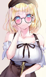  absurdres blonde_hair blue_eyes blush bob_cut breasts brown_skirt cleavage closed_mouth earrings female glasses grey_background hand_on_own_chest hand_up heart heart_earrings highres hololive hololive_english jewelry large_breasts looking_at_viewer medium_hair mile_(off8mile) off-shoulder_shirt off_shoulder official_alternate_costume official_alternate_hairstyle round_eyewear shirt simple_background skirt solo virtual_youtuber watson_amelia watson_amelia_(street_casual) white_shirt 