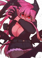  alternate_costume alternate_hairstyle bat_wings black_gloves black_shirt black_wings breasts cleavage clenched_hand cropped_legs denim denim_shorts fangs female foreshortening gloves head_wings highres large_breasts long_hair official_alternate_costume pantyhose pink_eyes pink_hair shirt short_shorts shorts sidelocks simple_background sumire_(yakunitatsu_node_chi_o_kudasai) tears thighhighs torn_clothes torn_shirt vampire white_background wings yakunitatsu_node_chi_o_kudasai zyugoya 