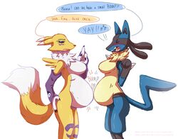  anthro bandai_namco belly belly_bump big_belly blue_body both_pregnant breasts canid crossover digimon digimon_(species) digital_media_(artwork) duo english_text female female/female freddymartin fur generation_4_pokemon hi_res lucario mammal multiple_pregnancies nintendo nude pokemon pokemon_(species) pregnant pregnant_anthro pregnant_female renamon text yellow_body yellow_fur 