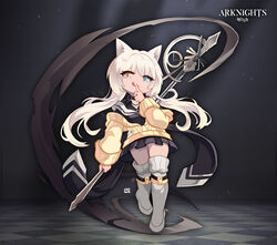  absurdres animal_ears arknights black_skirt blonde_hair blue_eyes boots cat_ears closed_mouth female heterochromia highres holding holding_wand index_finger_raised jacket lataedelan long_hair looking_at_viewer nightmare_(arknights) skirt smile solo thigh_boots thighhighs tongue tongue_out wand white_footwear yellow_eyes yellow_jacket 