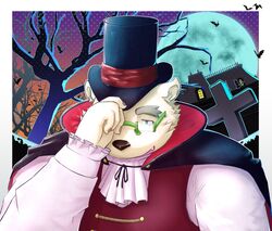  anthro bear clothing eyebrows eyewear fur glasses halloween hat headgear headwear hi_res holidays leib_(tas) lifewonders male mammal polar_bear pyrethin_12 pyrethrin_12 solo thick_eyebrows tokyo_afterschool_summoners top_hat ursine vampire_costume white_body white_fur 