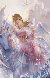  absurdres bird blonde_hair castle cloud douluo_dalu female highres horns leaning long_hair plant qian_renxue_(douluo_dalu) qian_renxue_zhuye riding single_horn sitting skirt solo unicorn white_skirt 