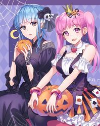  2girls alternate_costume bare_shoulders black_flower black_rose blue_hair braid breasts bridal_gauntlets commentary_request detached_sleeves dress earrings fire_emblem fire_emblem:_three_houses flower grey_eyes hair_flower hair_ornament halloween halloween_costume heart heart_earrings hilda_valentine_goneril jack-o&#039;-lantern jewelry large_breasts looking_at_viewer marianne_von_edmund multiple_girls open_mouth pink_eyes pink_hair rose short_sleeves sitting skull_hair_ornament tongue twintails twitter_username watermark yamigo 