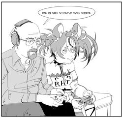  1boy absurdres animal_ears animal_on_head bald bare_shoulders beard bed breaking_bad collar commentary controller crop_top crossover dress_shirt english_commentary english_text facial_hair female fortnite glasses greyscale hakos_baelz headphones highres holding holding_controller hololive hololive_english jewelry key looking_to_the_side monochrome mouse_ears mouse_girl mr._squeaks_(hakos_baelz) multicolored_hair necklace on_head photo-referenced playing_games shirt sitting speech_bubble spiked_collar spikes twintails virtual_youtuber walter_white xyanaid 